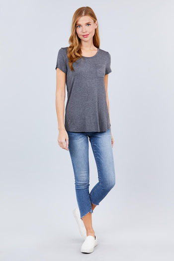 Short Sleeve Scoop Neck Top With Pocket - Deals Kiosk