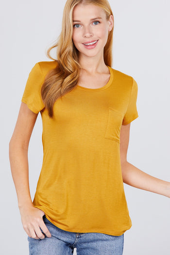 Short Sleeve Scoop Neck Top With Pocket - Deals Kiosk
