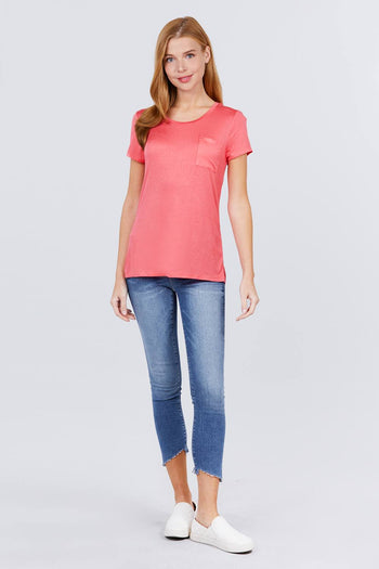 Short Sleeve Scoop Neck Top With Pocket - Deals Kiosk