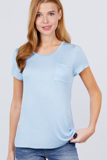 Short Sleeve Scoop Neck Top With Pocket - Deals Kiosk