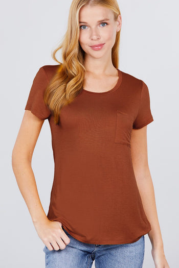 Short Sleeve Scoop Neck Top With Pocket - Deals Kiosk