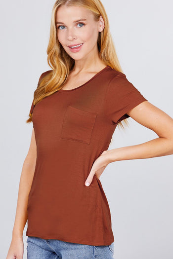 Short Sleeve Scoop Neck Top With Pocket - Deals Kiosk