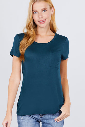 Short Sleeve Scoop Neck Top With Pocket - Deals Kiosk