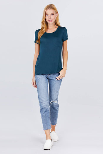 Short Sleeve Scoop Neck Top With Pocket - Deals Kiosk
