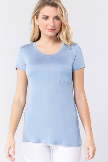 Short Sleeve Scoop Neck Top With Pocket - Deals Kiosk