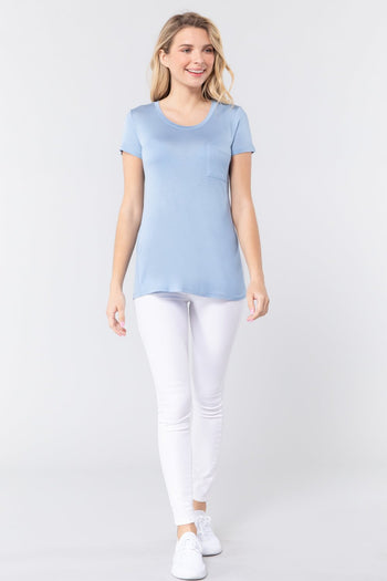 Short Sleeve Scoop Neck Top With Pocket - Deals Kiosk