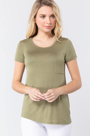 Short Sleeve Scoop Neck Top With Pocket - Deals Kiosk