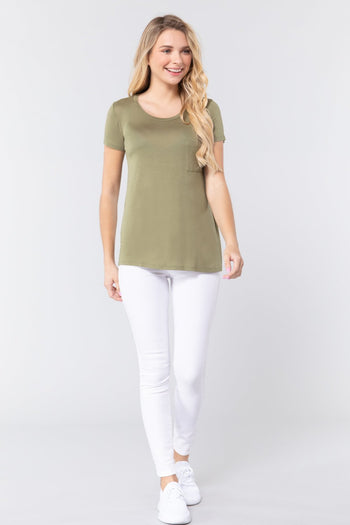 Short Sleeve Scoop Neck Top With Pocket - Deals Kiosk