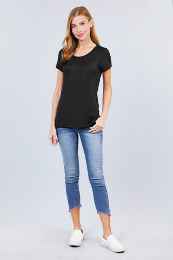 Short Sleeve Scoop Neck Top With Pocket - Deals Kiosk
