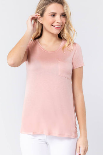 Short Sleeve Scoop Neck Top With Pocket - Deals Kiosk