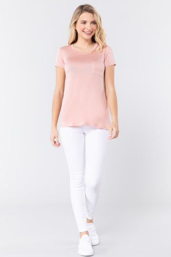 Short Sleeve Scoop Neck Top With Pocket - Deals Kiosk