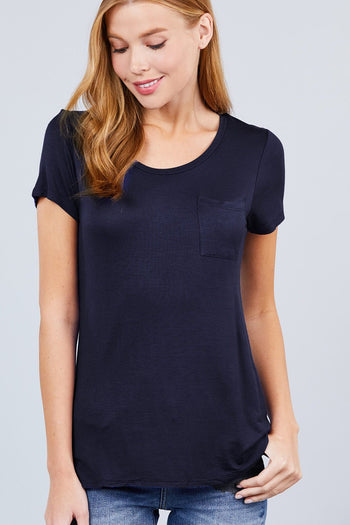 Short Sleeve Scoop Neck Top With Pocket - Deals Kiosk