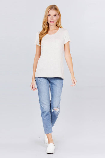 Short Sleeve Scoop Neck Top With Pocket - Deals Kiosk