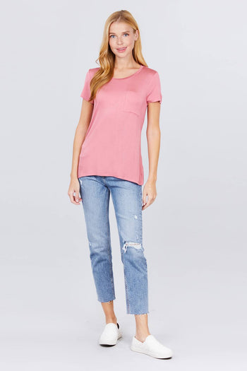 Short Sleeve Scoop Neck Top With Pocket - Deals Kiosk