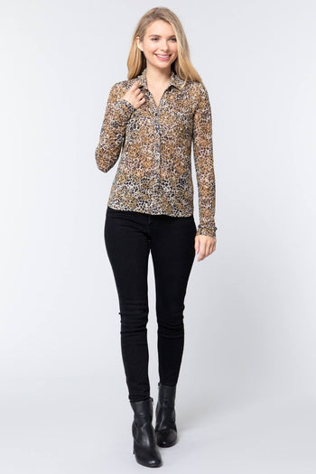 V-neck Print Mesh Knit Shirt - Deals Kiosk