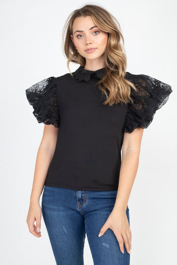 Solid Lace Puff Sleeves Top - Deals Kiosk