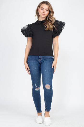 Solid Lace Puff Sleeves Top - Deals Kiosk