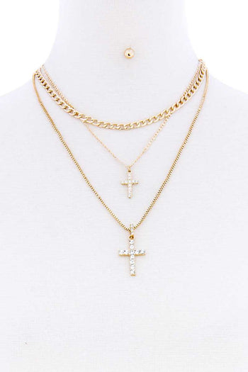 Triple Layer Rhinestone Double Cross Necklace With Earring Set - Deals Kiosk