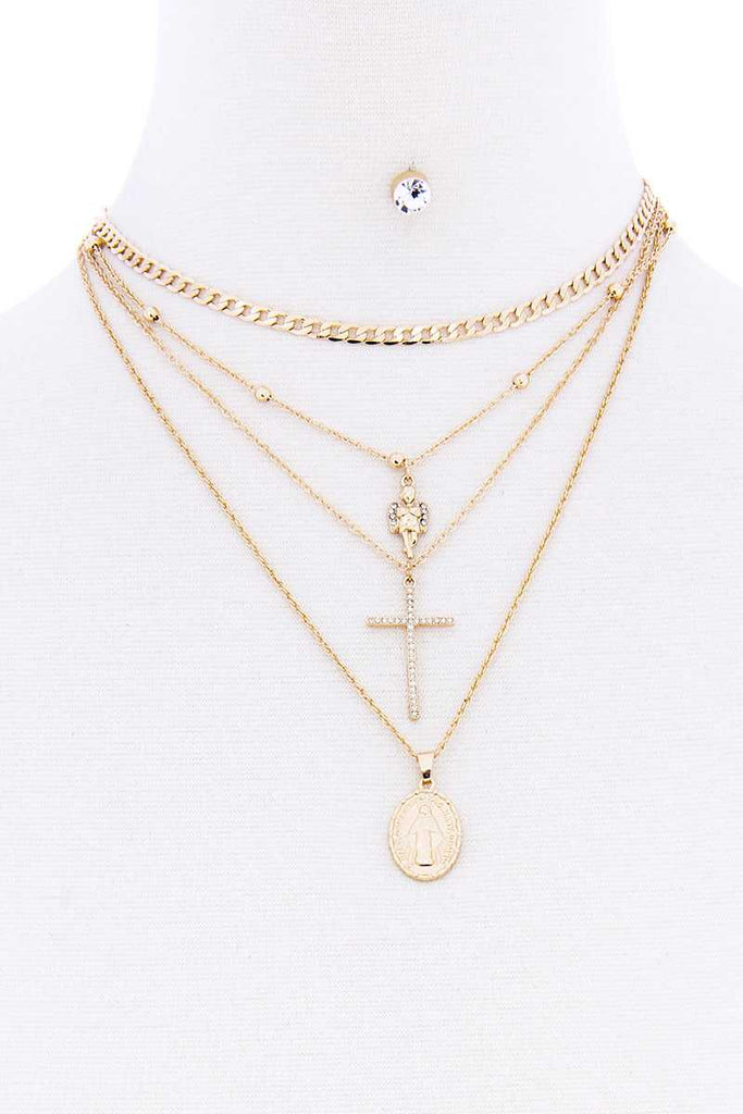 Fashion Multi Layer Chain Bead Angel Cross Holy Necklace With Earring Set - Deals Kiosk