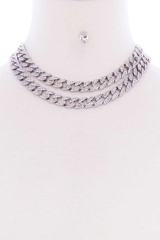 2 Layered Link Metal Chain Stud Stone Short Necklace Earring Set - Deals Kiosk