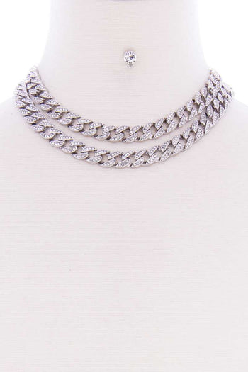 2 Layered Link Metal Chain Stud Stone Short Necklace Earring Set - Deals Kiosk