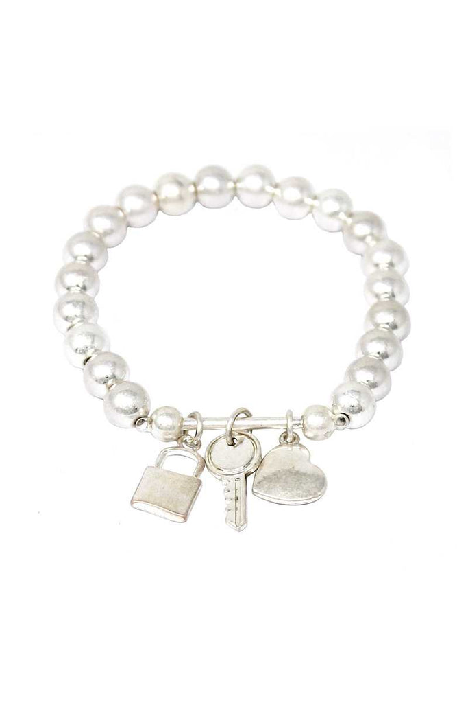 Multi Style Bead Locker And Key Charm Stretch Bracelet - Deals Kiosk