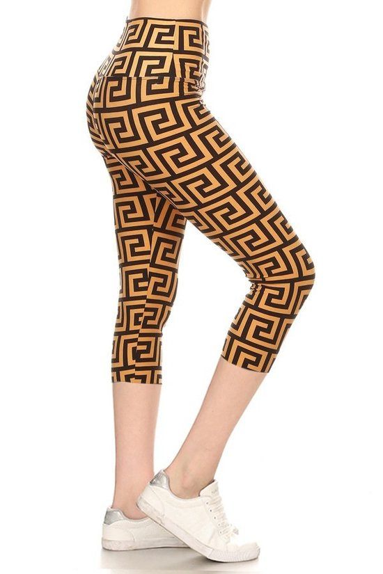Yoga Style Banded Lined Meander Printed Knit Capri Legging With High Waist. - Deals Kiosk