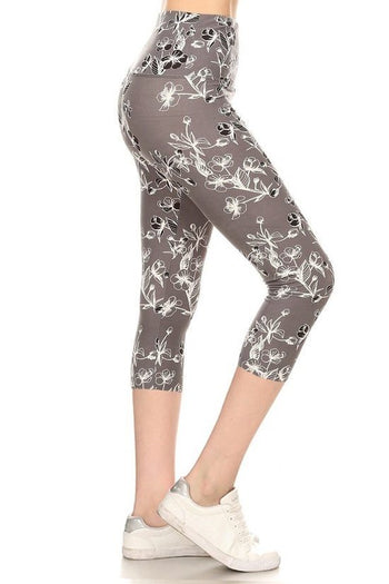 Yoga Style Banded Lined Floral Printed Knit Capri Legging With High Waist. - Deals Kiosk
