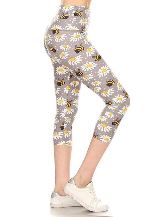 Yoga Style Banded Lined Floral And Bee Printed Knit Capri Legging With High Waist. - Deals Kiosk