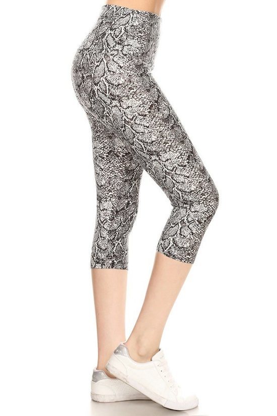 Yoga Style Banded Lined Snakeskin Printed Knit Capri Legging With High Waist - Deals Kiosk