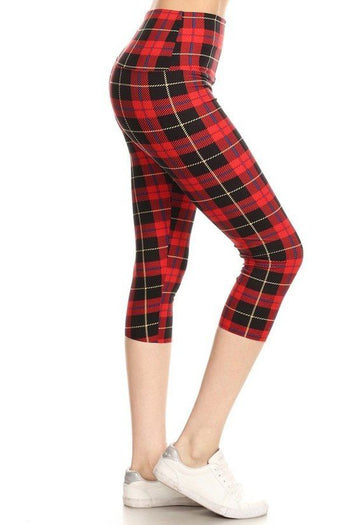 Yoga Style Banded Lined Plaid & Checkered Printed Knit Capri Legging With High Waist - Deals Kiosk