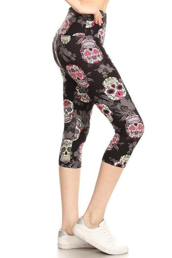 Yoga Style Banded Lined Sugar Skull Printed Knit Capri Legging With High Waist - Deals Kiosk