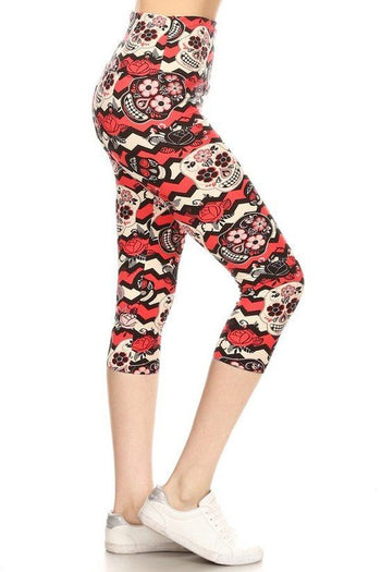 Yoga Style Banded Lined Sugar Skull Printed Knit Capri Legging With High Waist - Deals Kiosk