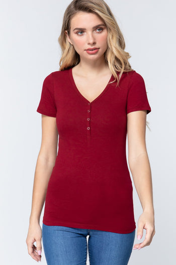Short Slv V-neck Henley Knit Top - Deals Kiosk