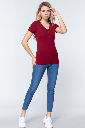 Short Slv V-neck Henley Knit Top - Deals Kiosk