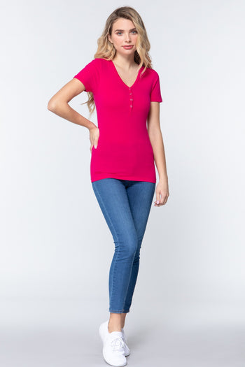 Short Slv V-neck Henley Knit Top - Deals Kiosk