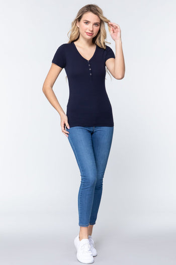 Short Slv V-neck Henley Knit Top - Deals Kiosk