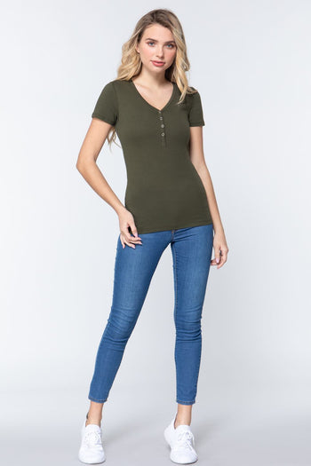 Short Slv V-neck Henley Knit Top - Deals Kiosk