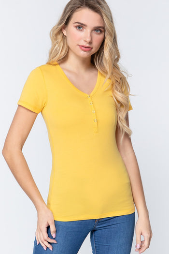Short Slv V-neck Henley Knit Top - Deals Kiosk