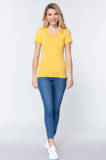 Short Slv V-neck Henley Knit Top - Deals Kiosk