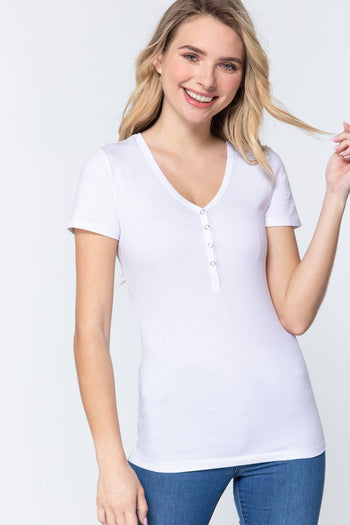 Short Slv V-neck Henley Knit Top - Deals Kiosk