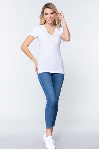Short Slv V-neck Henley Knit Top - Deals Kiosk
