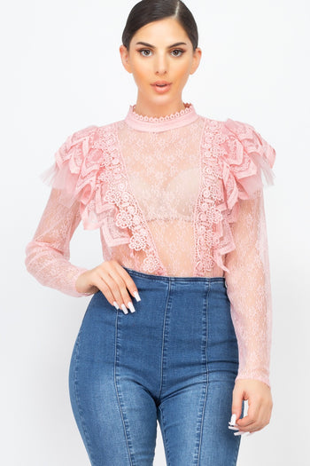 Floral Lace Ruffle Trim Top - Deals Kiosk