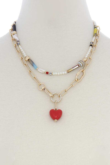 Heart Shape Oval Link Beaded Layer Necklace - Deals Kiosk