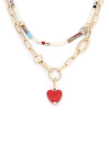 Heart Shape Oval Link Beaded Layer Necklace - Deals Kiosk