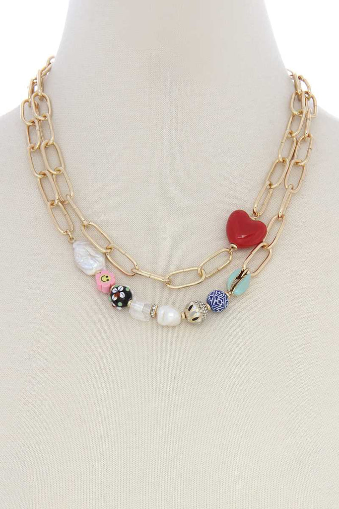 Heart Shape Beaded Oval Link Layer Necklace - Deals Kiosk
