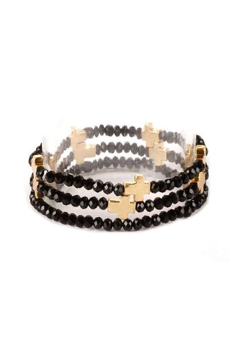 Glass Bead Metal Cross Multi Stretch Bracelet - Deals Kiosk