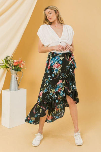 Floral Ruffle Skirt With Trim High Low. - Deals Kiosk