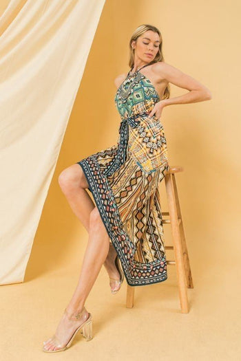 Halter Neck High Low Dress With Mixed Print - Deals Kiosk