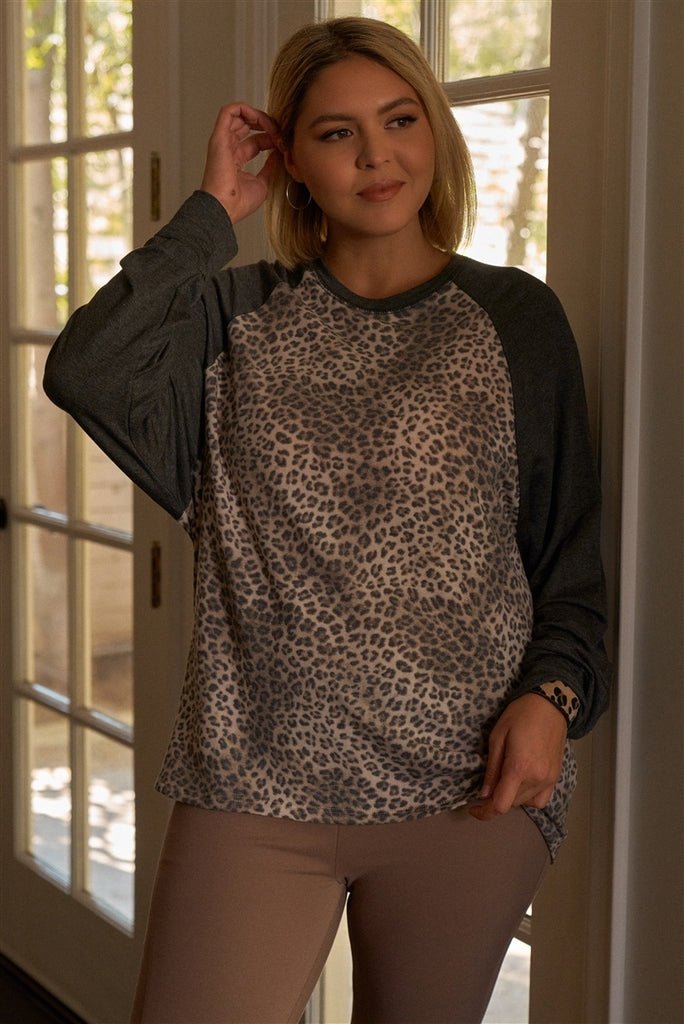 Plus Size Khaki & Charcoal Leopard Print Long Sleeve Relaxed Top - Deals Kiosk